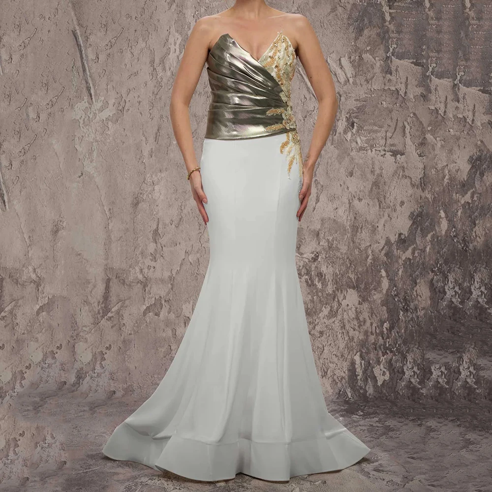 

Women's Mermaid Evening Dresses Floor-length Strapless Sleeveless Prom Gown Fashion Flowers Sequined Pleat Customized Gowns