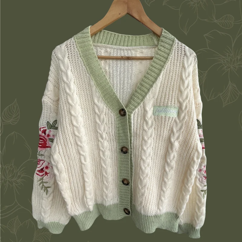 Evermore-Cardigã feminino com bordado de videiras, flor feminina, suéter folclórico, cardigans de malha, moda, remendo de letras, 3XL