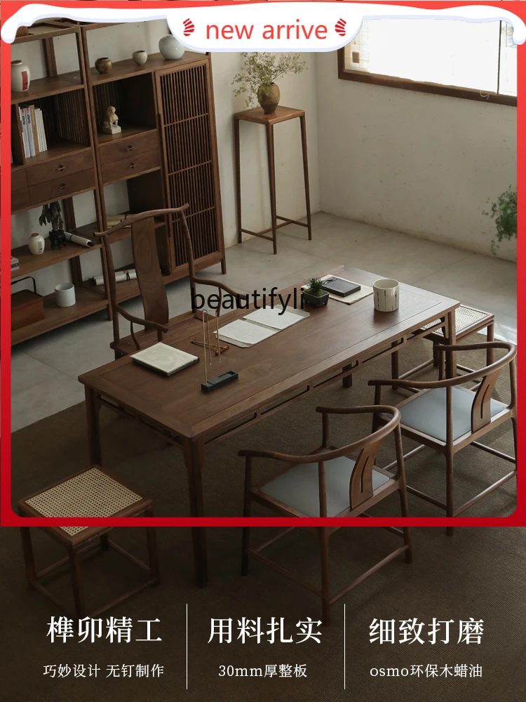 Neuer chinesischer Stil, schwarzer Walnuss-Holzschreibtisch, Massivholz-Teetisch, antike Studie, Kalligraphie-Tisch, Kalligraphie- und Maltisch G