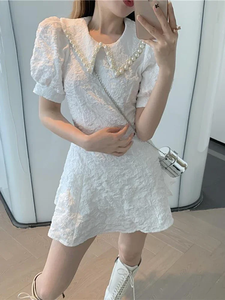 

Mini Dress Summer French Peter Pan Collar Female Cute Chic A Line Dress New Elegant Pearl Sweet Dress Women Fashion Slim