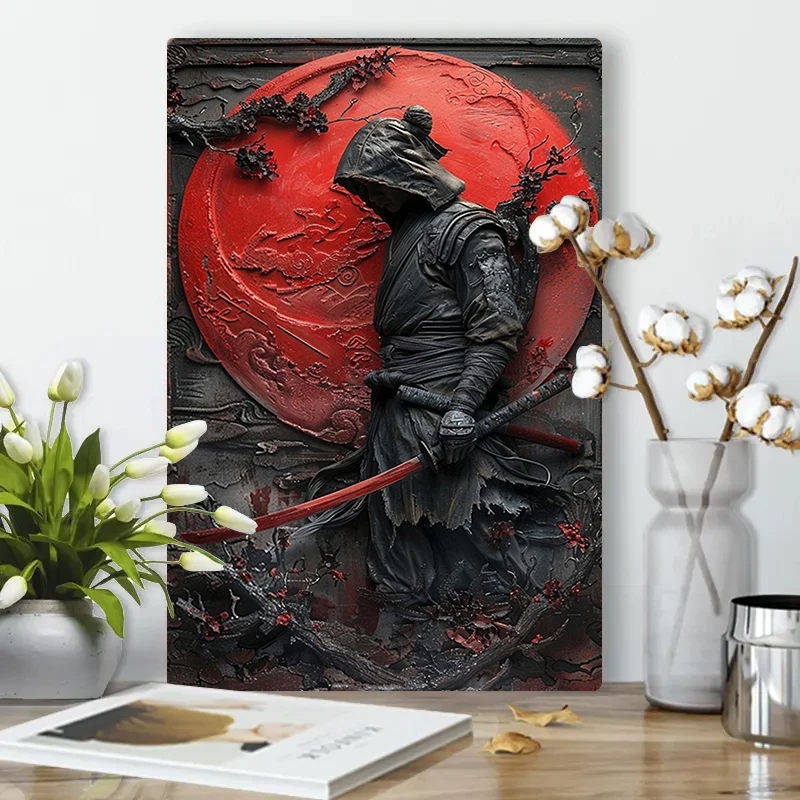 1Pc Vintage Japanese Warrior Ninja Metal Wall Painting Art Plaque Sign 2D Plane Sign for Bar Home, Garden Man Cave Bedroom Decor