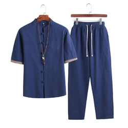 Traje Tang de lino de estilo chino para hombre, ropa tradicional, pantalones cortos de Tai Chi, uniforme Retro con cuello en V, conjunto de camisa de manga corta