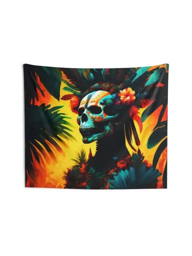 Tropical Skull Tapestry, Colorful Jungle Skeleton Wall Hanging, Boho Bedroom Dorm Decor for Living Room Home Art