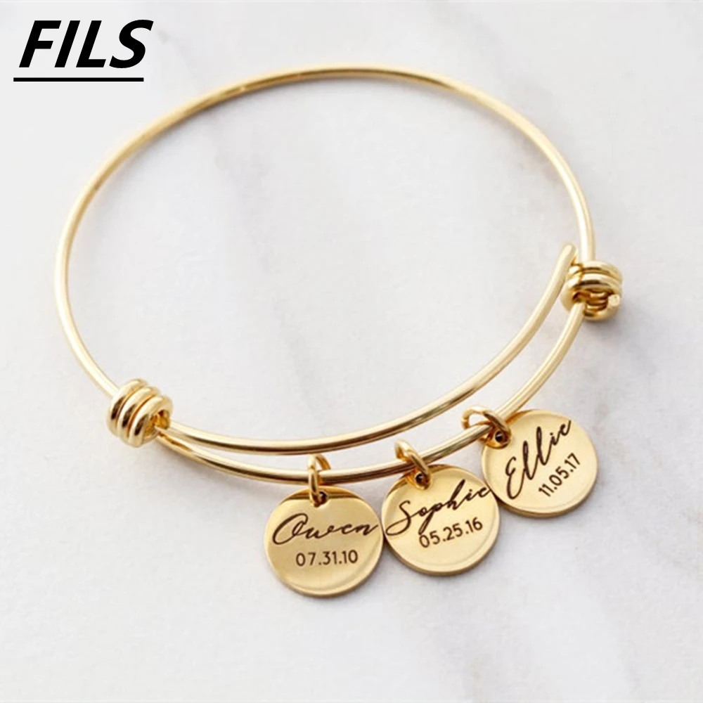 Custom Name Bracelet for Women Men Personalized Stainless Steel Heart Round Laser Engraved Name Pendant Bracelets Jewelry Gift