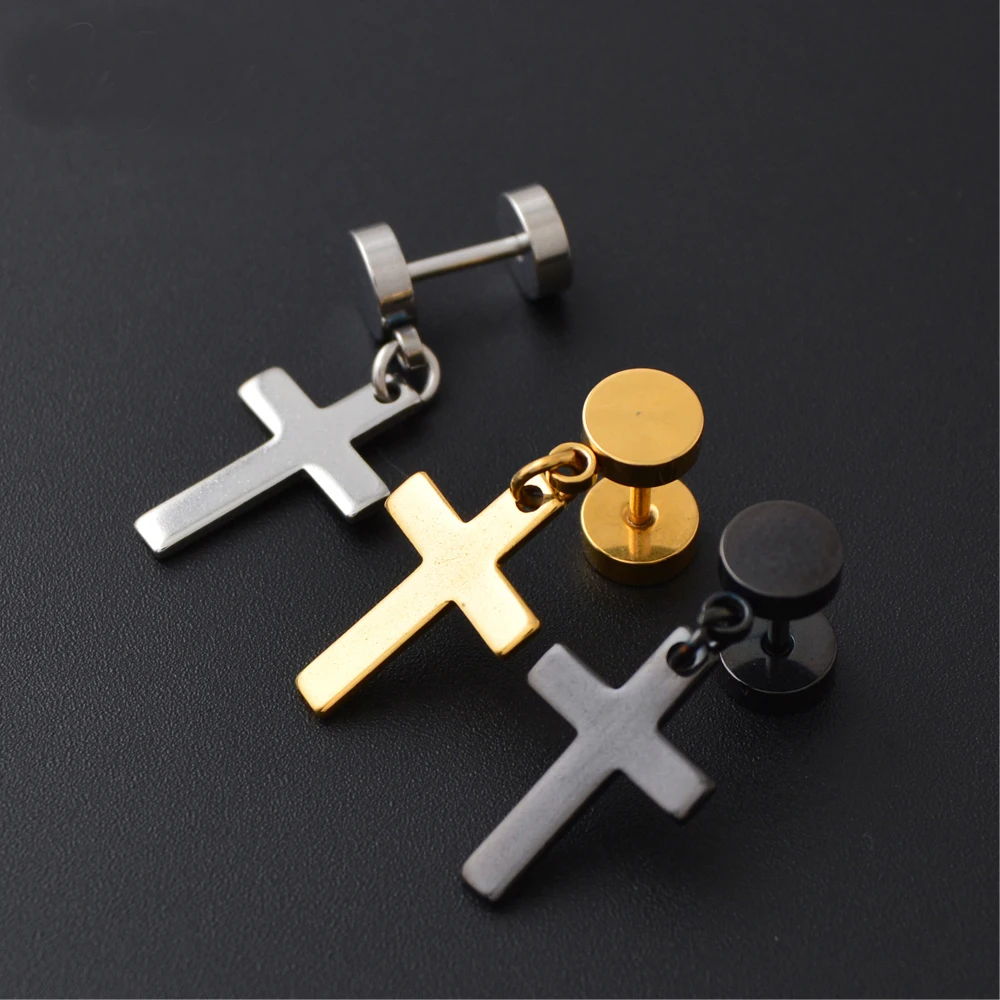 WKOUD 1 Pair Barbell Style Cross Hanging White Black Gold Color Stainless Steel Female Male Stud Earrings Women Men Studs