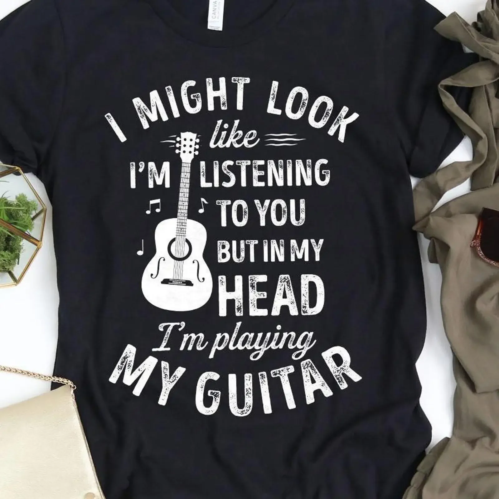 I Might Look Like I'm Listening Funny Guitar Print T Shirt for Guitarist Music Lover Musician vintage Washed Casual fashion