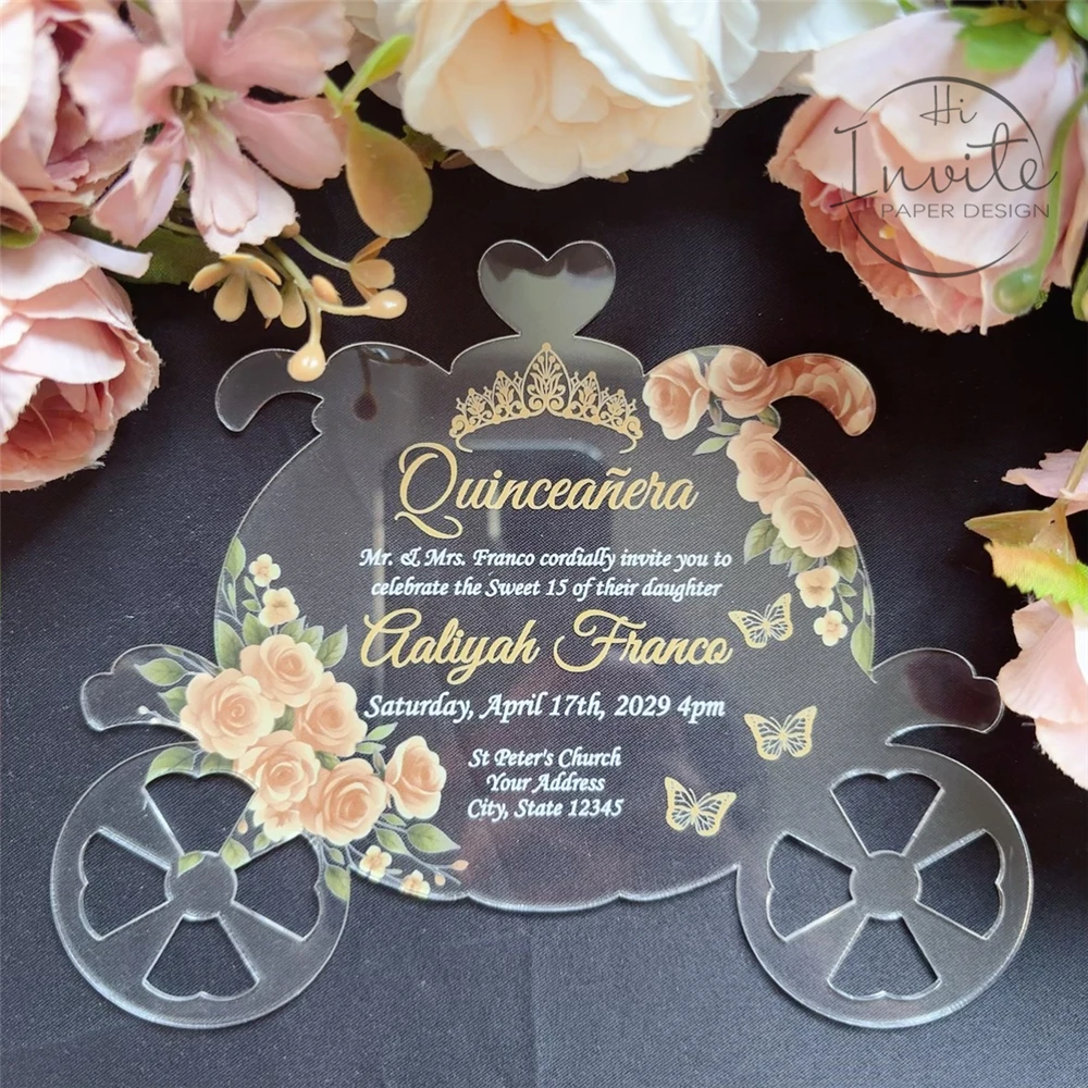 

Золотая тыквенная карета Quinceañera, акриловая приглашение, Золушка Sweet 16, необычное приглашение в виде летучей мыши-мицвы с цветком и короной