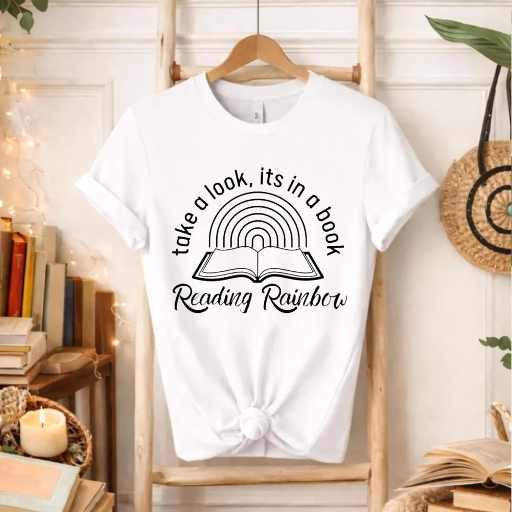 Black and White Line Rainbow Reading Book Lover Gift for Reader Literature Iconic Simple Aesthetic Crewneck Regular Short Sleeve