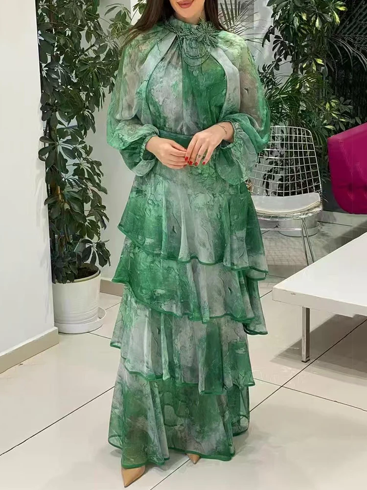 Retro-Kleid mit geometrischem Druck, Perlen, Rundhalsausschnitt und hoher Taille, 2025, Herbst-Damenmode, lockeres, mehrschichtiges, gerüschtes, bauschiges Kleid