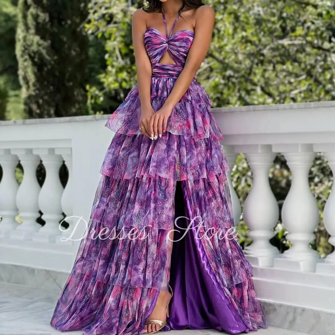 MD Modern New Tie-dye Print Halter Evening Gown Pleat Tiered Side Slit Special occasion Dress فساتين سهرة customised