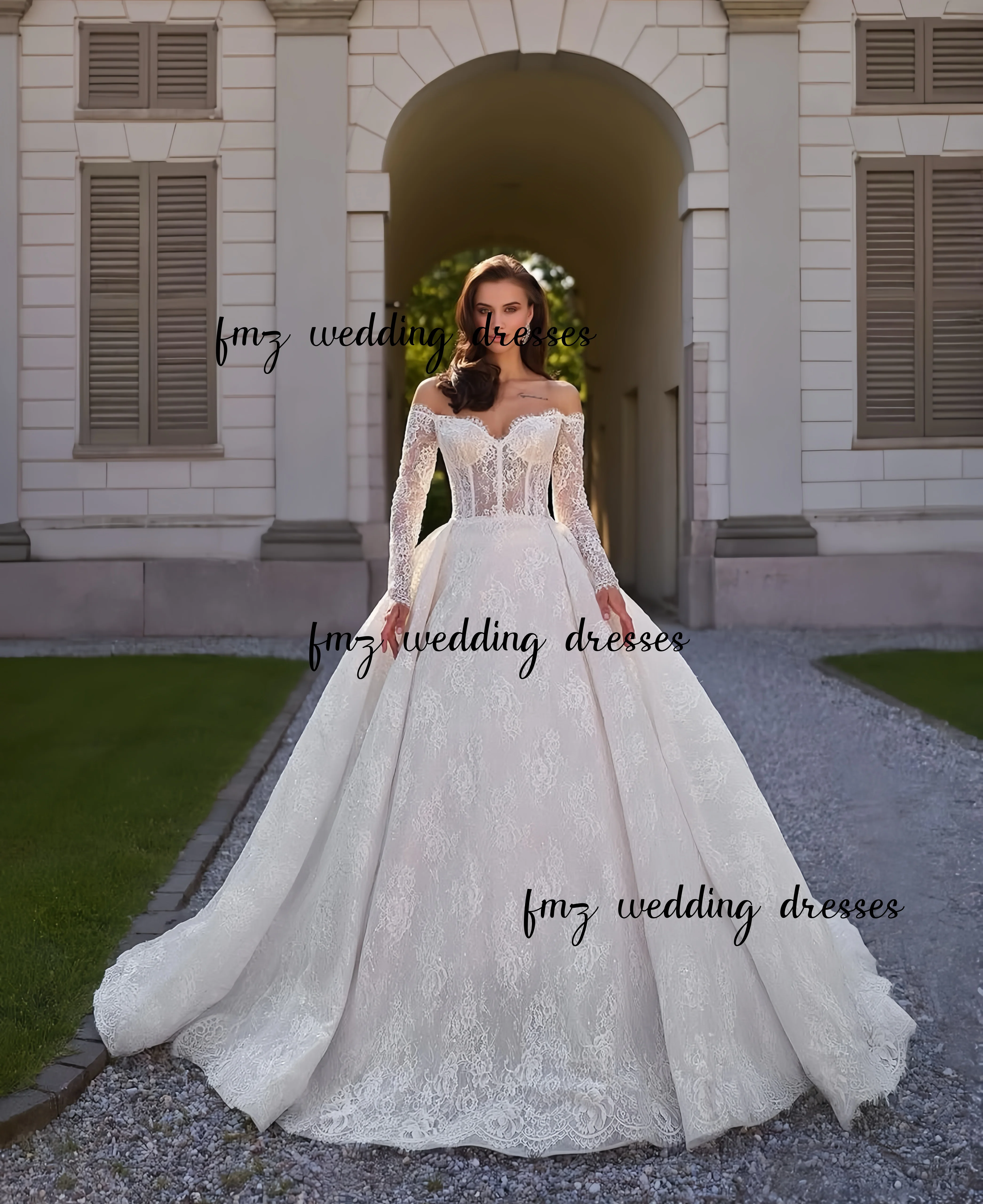 

Customzied sweet neckline long-sleeved lace elegant wedding dress Estidos de novia amanda novias amanda novias official