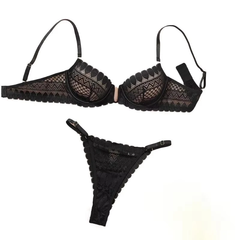 Bikini lace ultra-thin breathable comfortable hollow-out bra and thong set