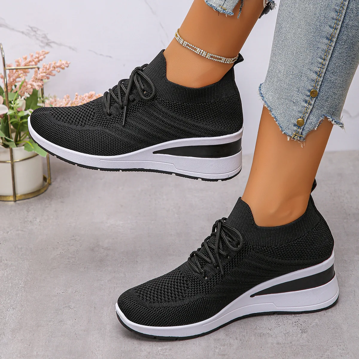 Women's Versatile Thick-Soled Wedge Heel Woven Mesh Shoes Breathable Anti-Slip Casual Sports Shoes
