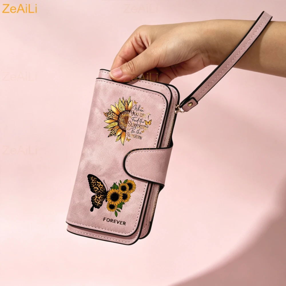 Sunflower Butterfly Pastoral Wind Damen-Geldbörsen aus Leder für Damen, langer Reißverschluss, große Damen-Clutch-Tasche, Damen-Geldbörse, Kartenhalter – Detail 5