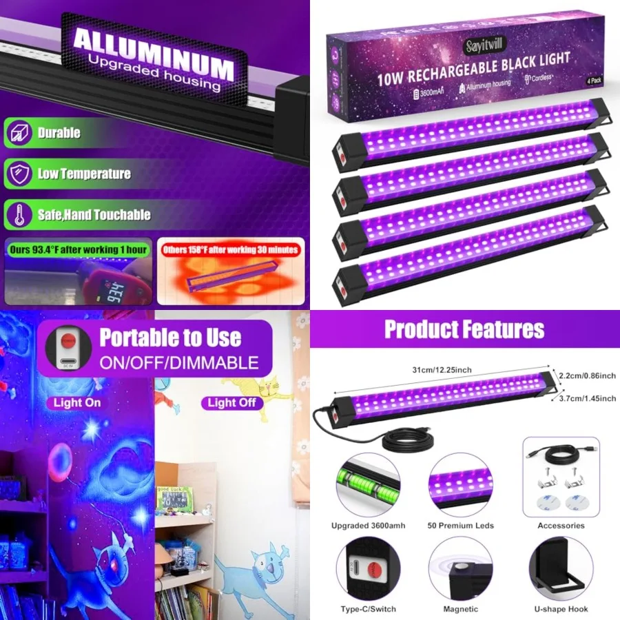 

Rechargeable Black Light Bar s, Battery Powered Black Lights for Glow Party, Cordless UV Strip Lights with On/Off/Dimma/Flash S