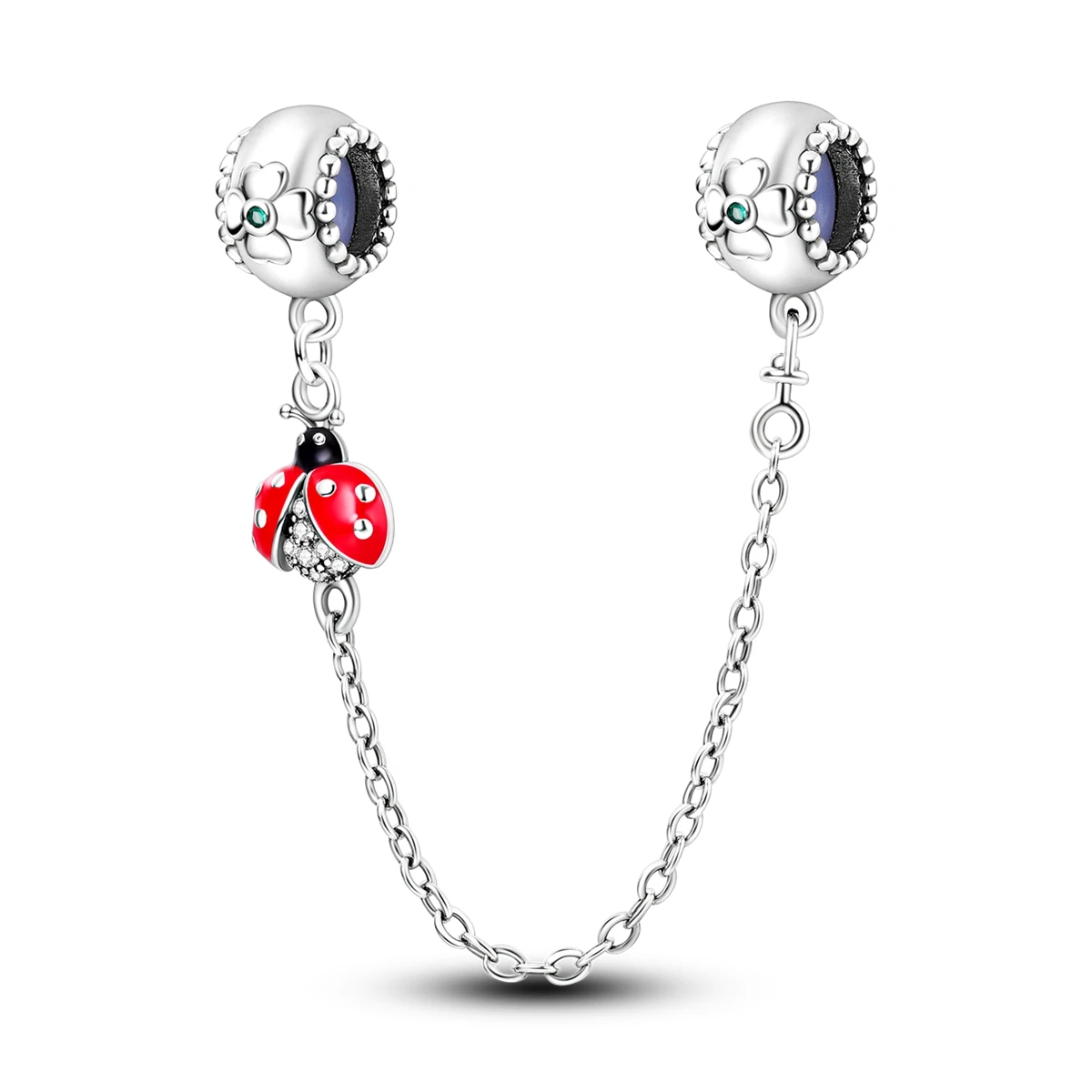 925 Sterling Silver Red Enamel Ladybug Safety Chain Lucky Charm Women Bracelet Anti-Loss Jewelry Accessory