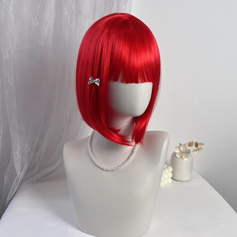 

Red straight bob wig for women with bangs, short hair anime cosplay headpiece