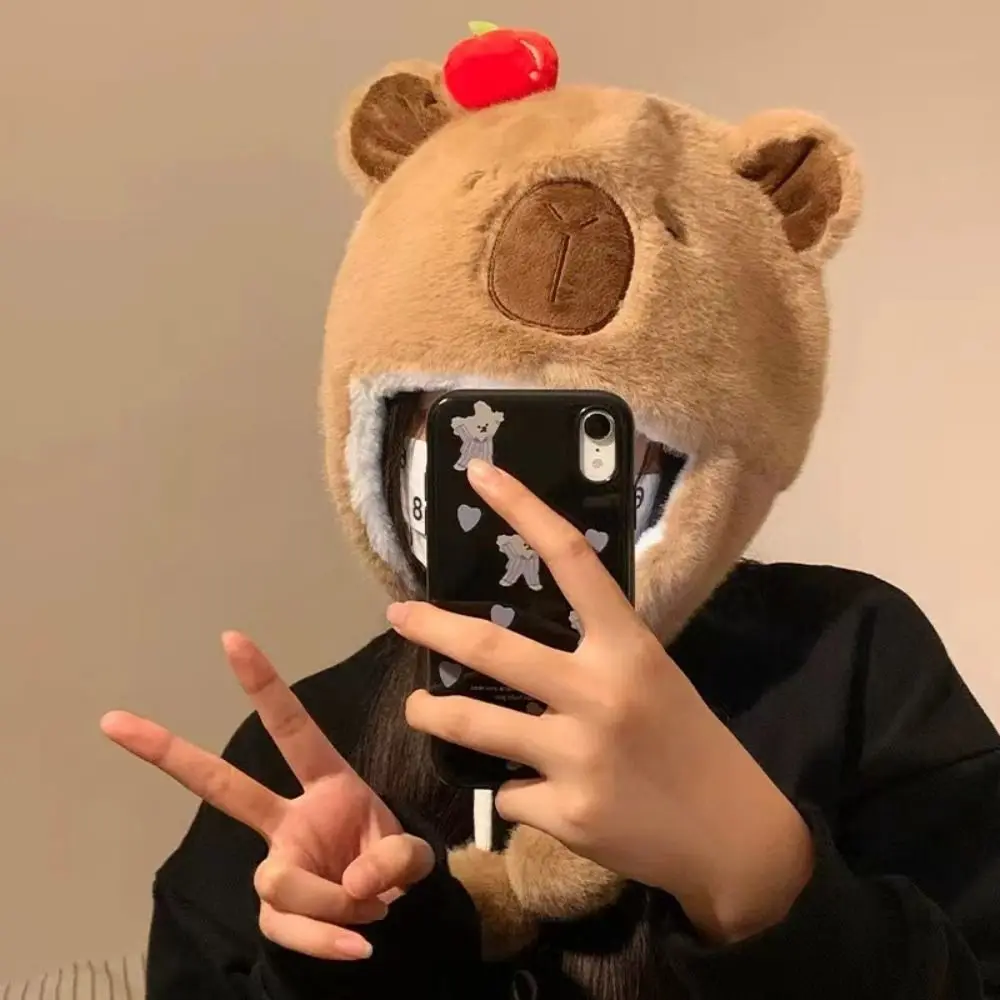 귀여운 Capybara 겨울 봉제 모자, 따뜻하고 부드러운 벨벳 귀 보호 모자, 두껍고 푹신한 사이클링 모자