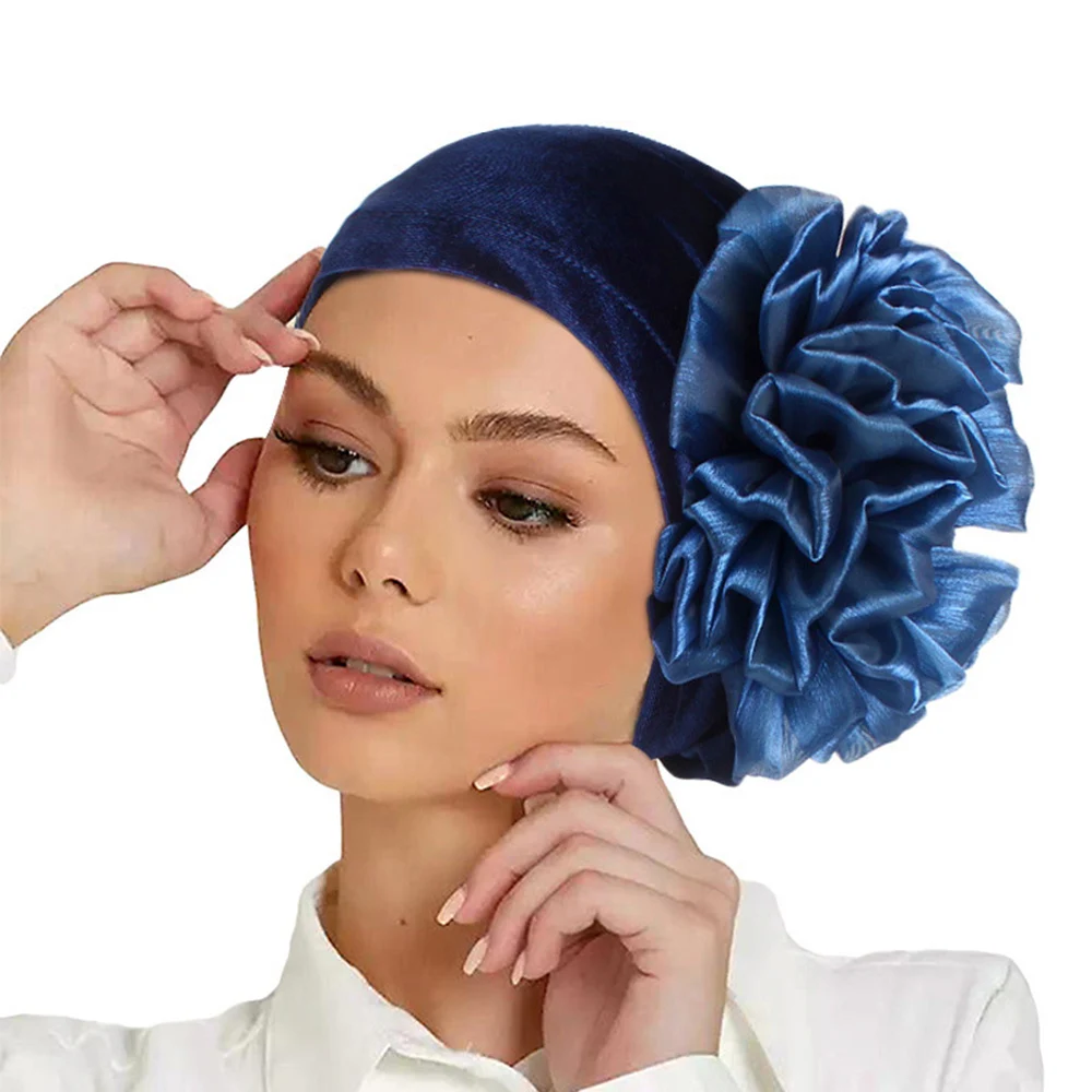 

New Velvet Large Flower Turban Caps Muslim Hijabs Headwear Women Bonnet Solid Color Soft Beanie Headscarf Head Wraps Hats