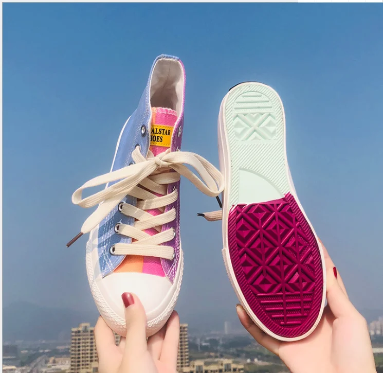 High Top Flat Bottom Canvas Shoes Women's plus Size 40 41 43 Korean Style Color Changing White Big Size Slip-On Shoes