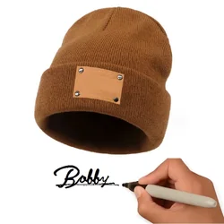 Winter Beanie Cap with Leather Patch, DIY Logo, Sign Your Name, Knitted Hat, 2-Layer, Warm, Men, Women, Boy, Girl (parent-child)