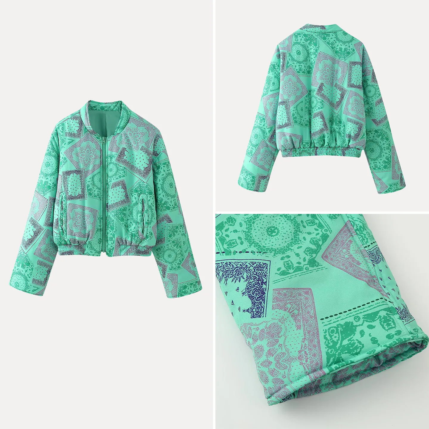 Fashionable Retro Long Sleeve Stand Collar Printed Jacket Women's Autumn Outerwear Zipper Closure Personalized Style ZADATA