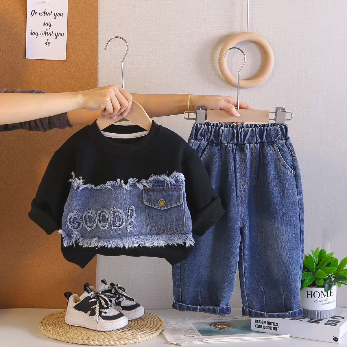 Korean Style Kids Boys Clothing Sets 2026 Spring Autumn Casual Denim Patchwork Sweatshirt and Jeans Toddler Baby Boy Outfits