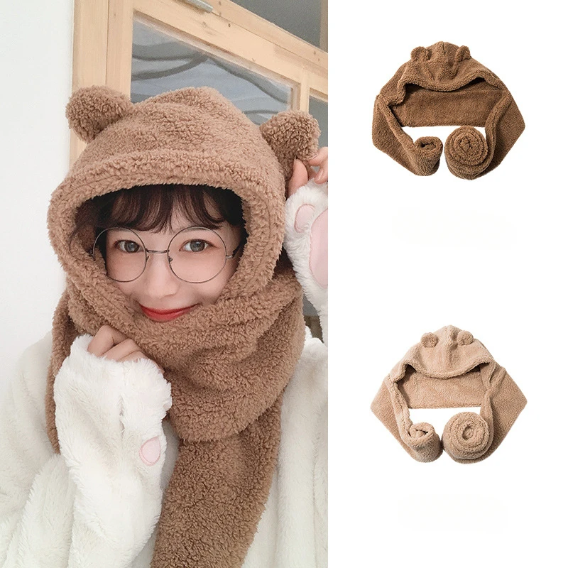 Outono inverno quente chapéu feminino bonito urso orelhas gorros bonés casual chapéu de pelúcia cachecol conjunto casual sólido ao ar livre meninas chapéu