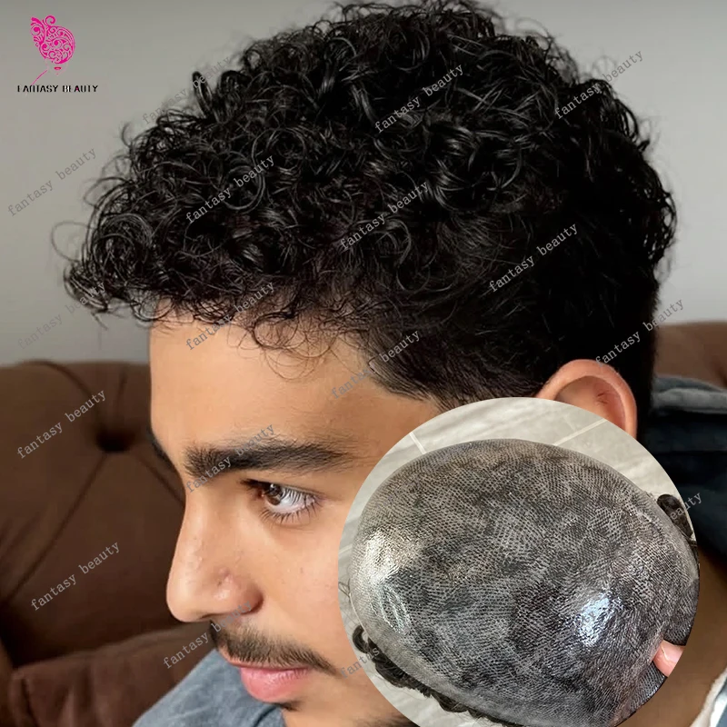 

Мужской парик-накладка из натуральных волос, 18 мм, афро-кудри, прочный, на основе из ПУ-кожи, цвета 1B40, 1B65, с естественной линией роста волос