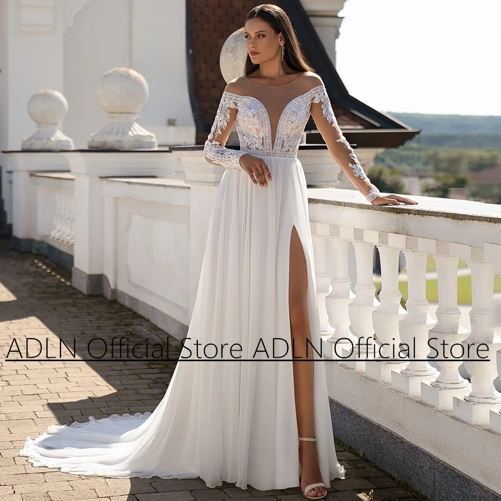 

Boho Wedding Dress New Arrival Long Sleeves Sheer Scoop Neck Applique Slit Chiffon A Line Beach Bridal Gown Open Back