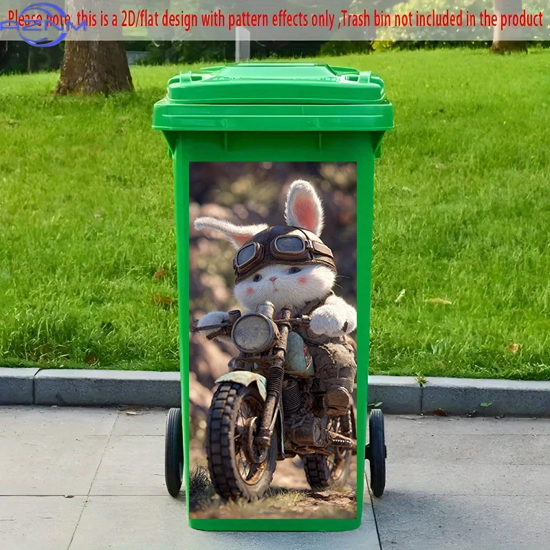 2D Flat Printing 1pc 2D Pattern Printed Kitchen Trash Can Sticker xcm Cute Rabbit Riding a Motorcycle Themed Kitchen Home Deco