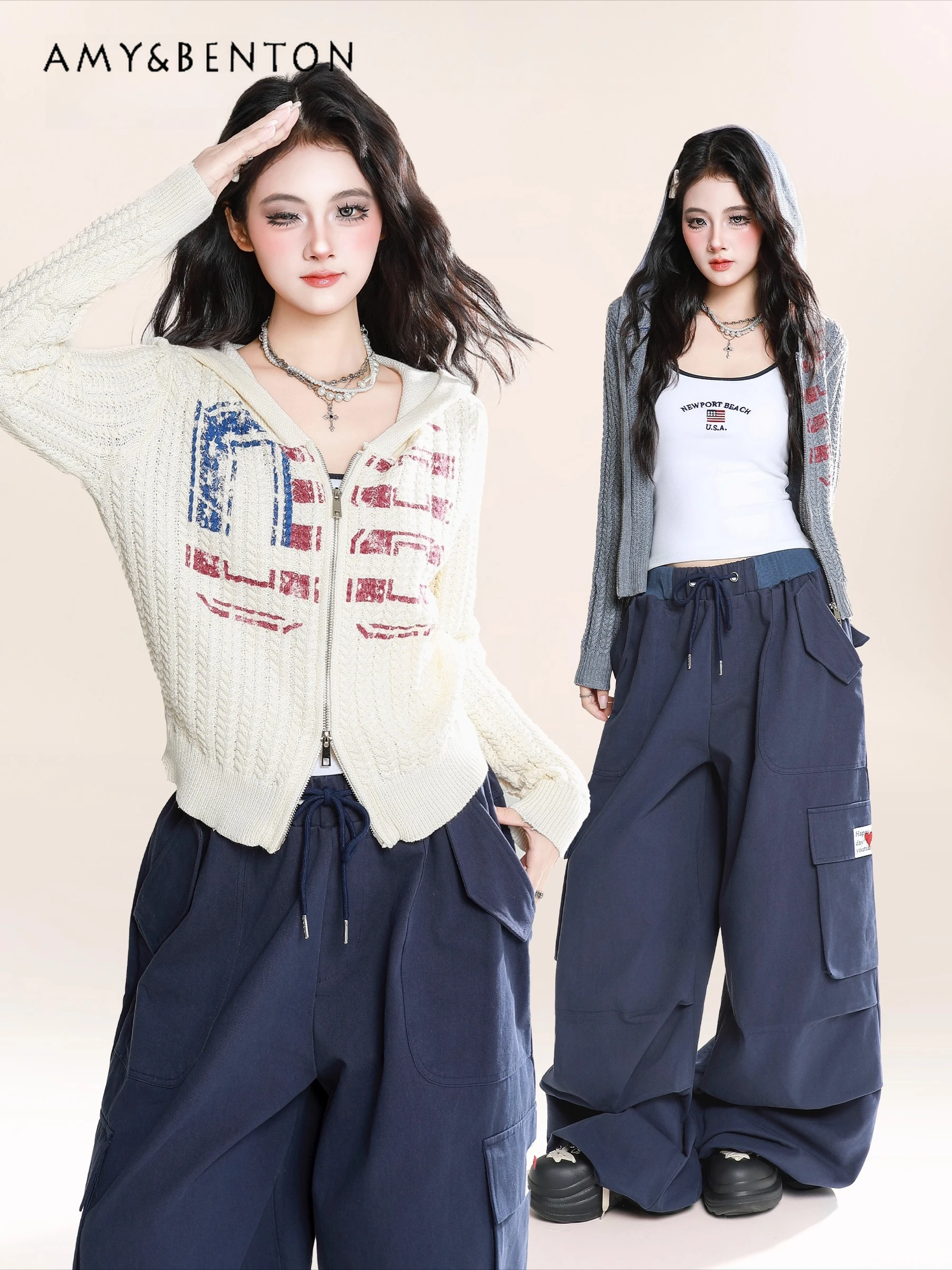 

2025 Spring and Autumn New American Retro Style Apricot Gray Letter Print Loose Casual Daily Short Hooded Knitted Cardigan