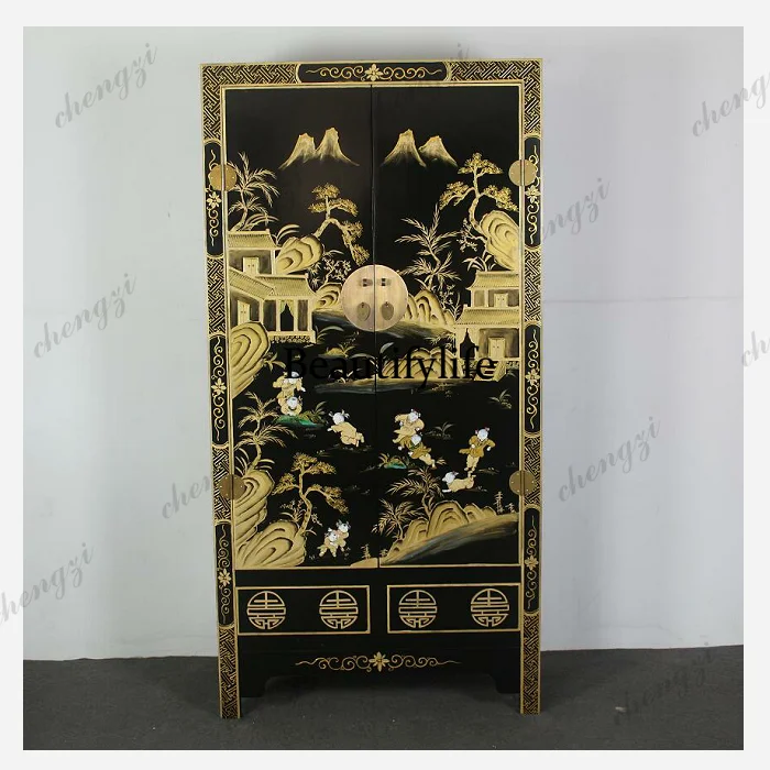 New Chinese hand-painted gold antique vertical wardrobe, two doors and two buckets, simple entrance decoration, vertical cabinet