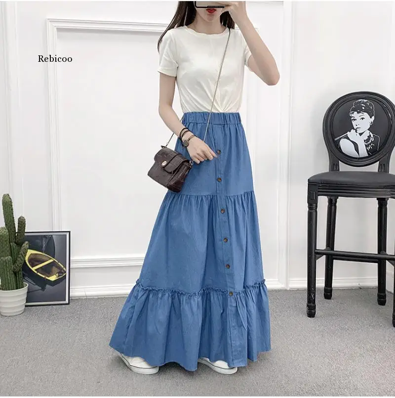 

Spring/summer 2022 New Denim High Waist Versatile Long Dress Vintage Simple A-Line Elastic Waist Loose Fit Skirt