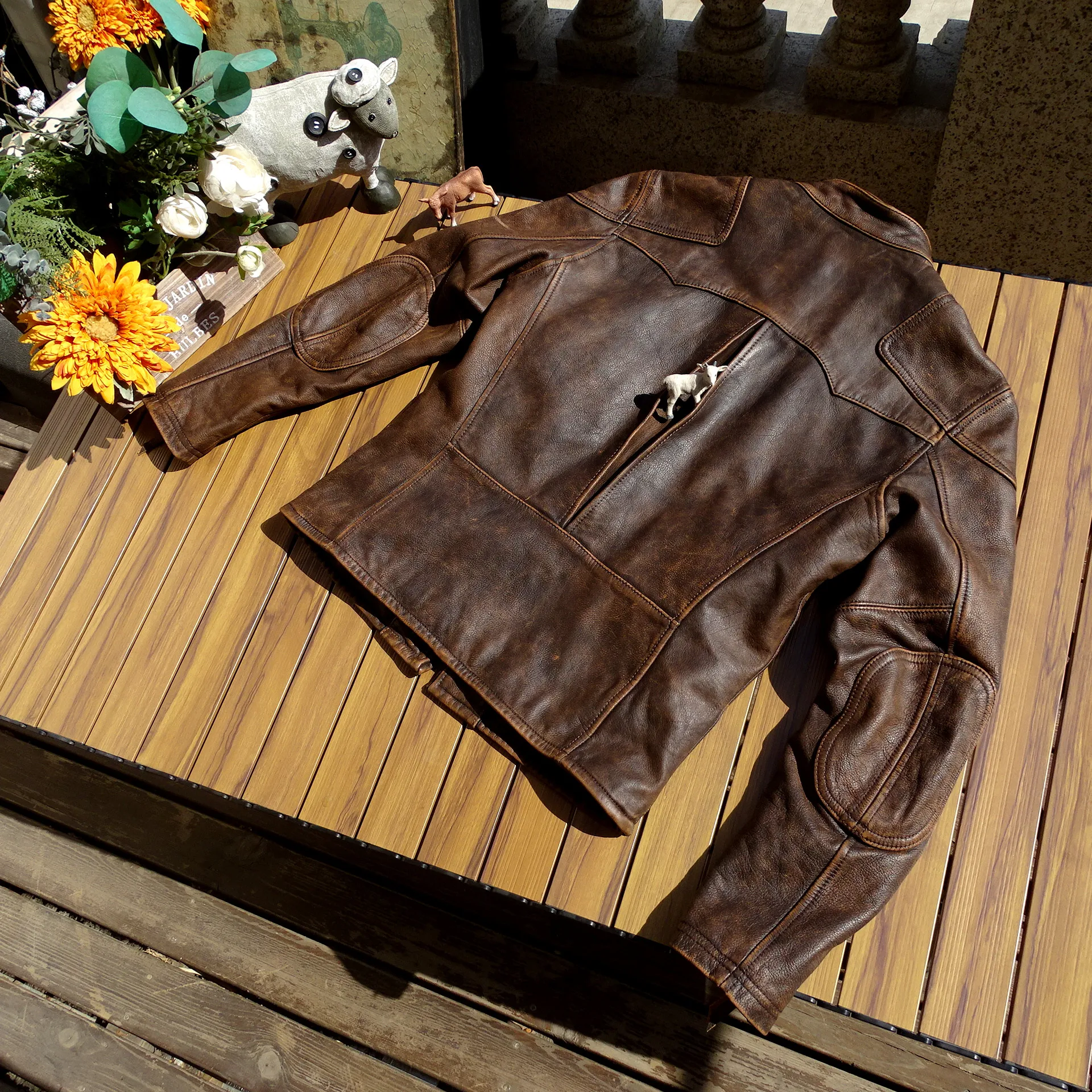 Vintage motorcycle jacket made old calfskin heavy washed soft waxy pendant comfortable jacket men's motorcycle clothing
