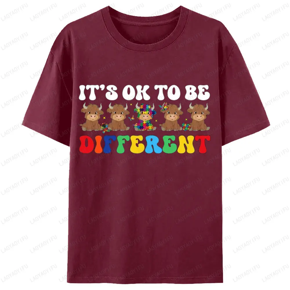 É ok para ser diferente camiseta conscientização do autismo design de vaca camisetas gráficas touro quebra-cabeça impresso mulher masculina algodão tshirt