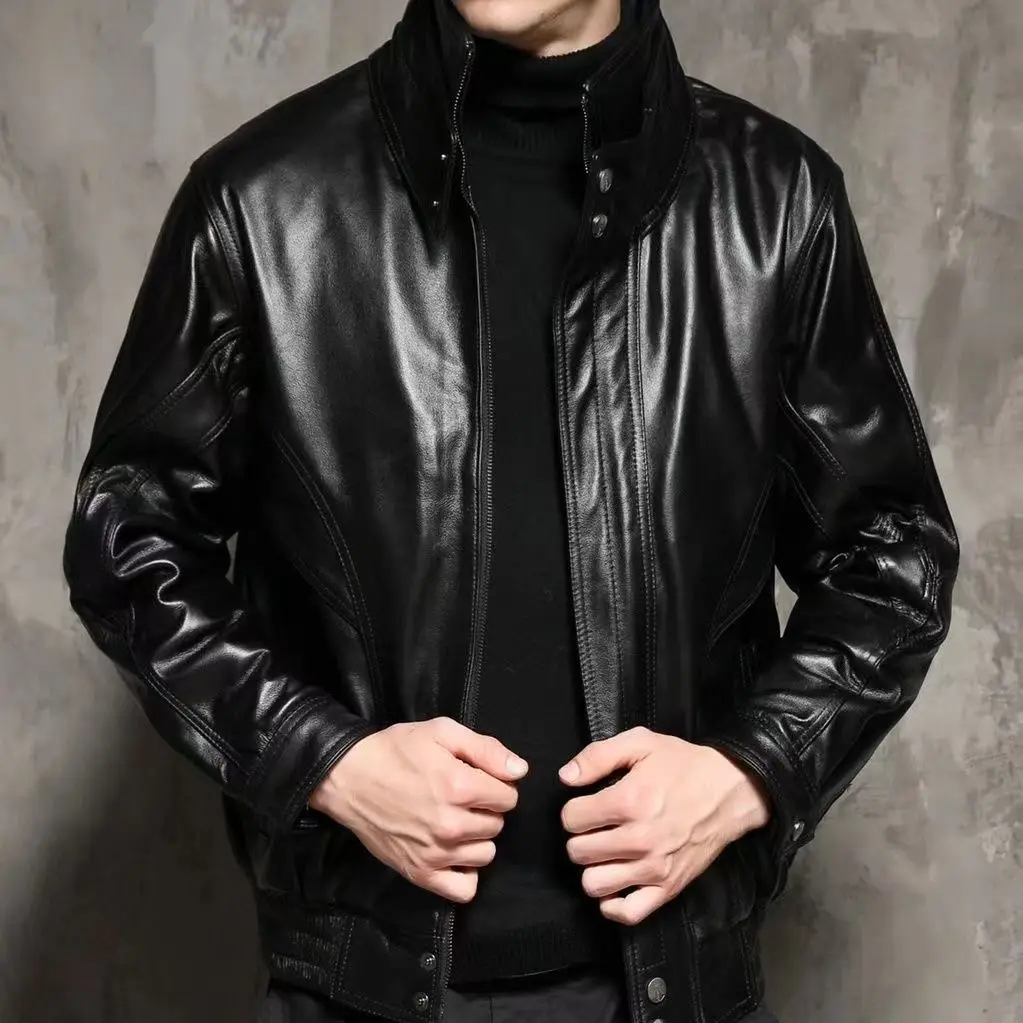 Stand Collar Real Leather Slim Jacket Coat 2024 New Autumn Winter  Men\'s Casual Fashion Trendy    T725