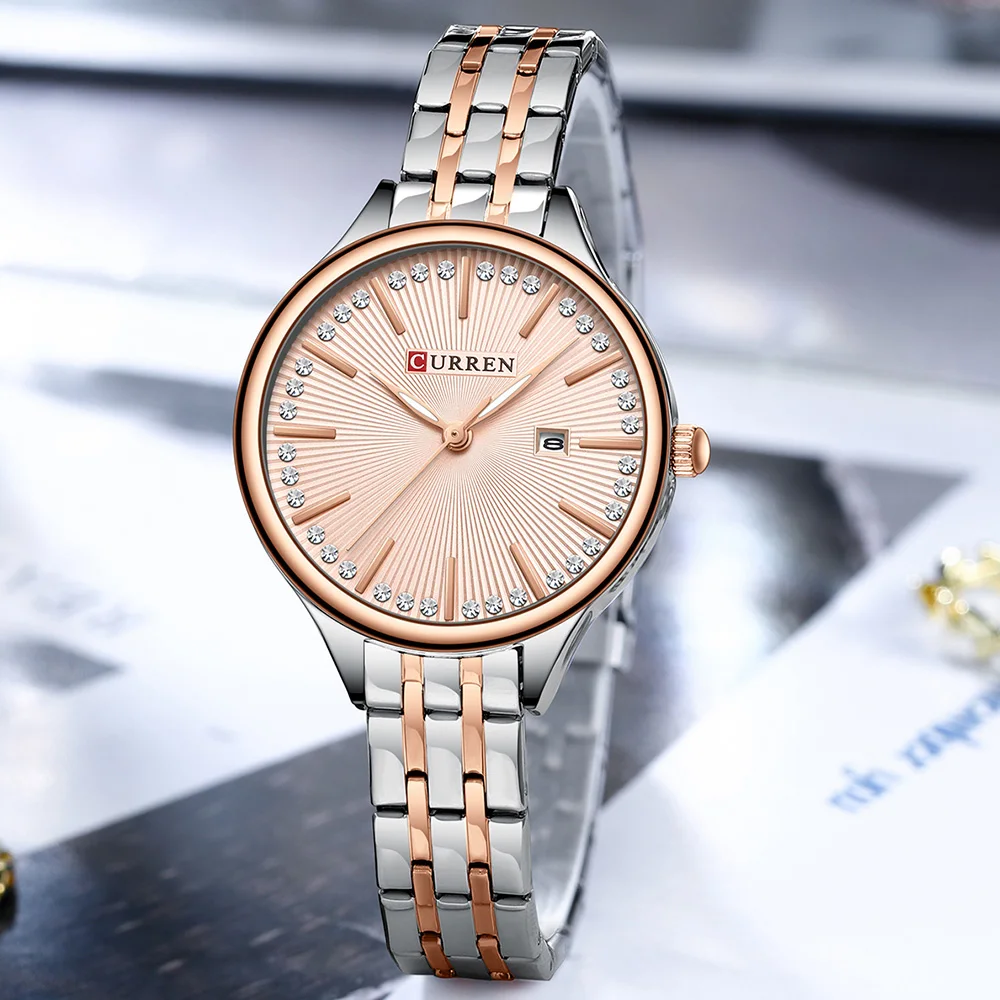 CURREN Fashion Brand Ladies Two Tone Watches Simple Quartz Waterproof Wristwatch for Women with Auto Date