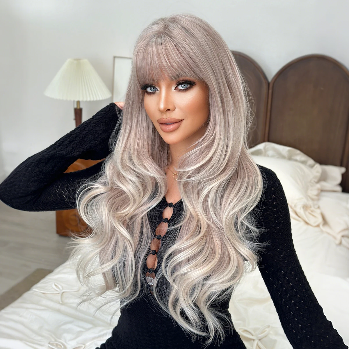 7JHH WIGS Long Body Wave White Blonde Wig for Women Modest Fashion Synthetic Layered Wear and Go Champagne Wigs with Neat Bangs - view 3