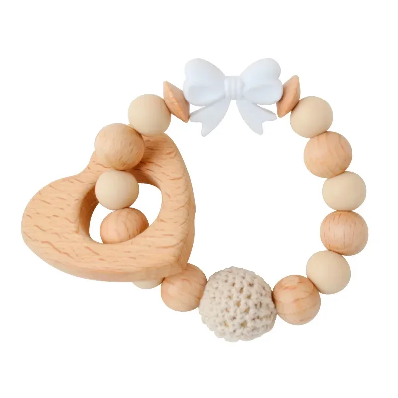 Baby Heart Wood Teether Bracelet Bownot Beads Silicone Sootherfor Infant Teething Nursing Chew Toys Baby Dummy Chain Accessories