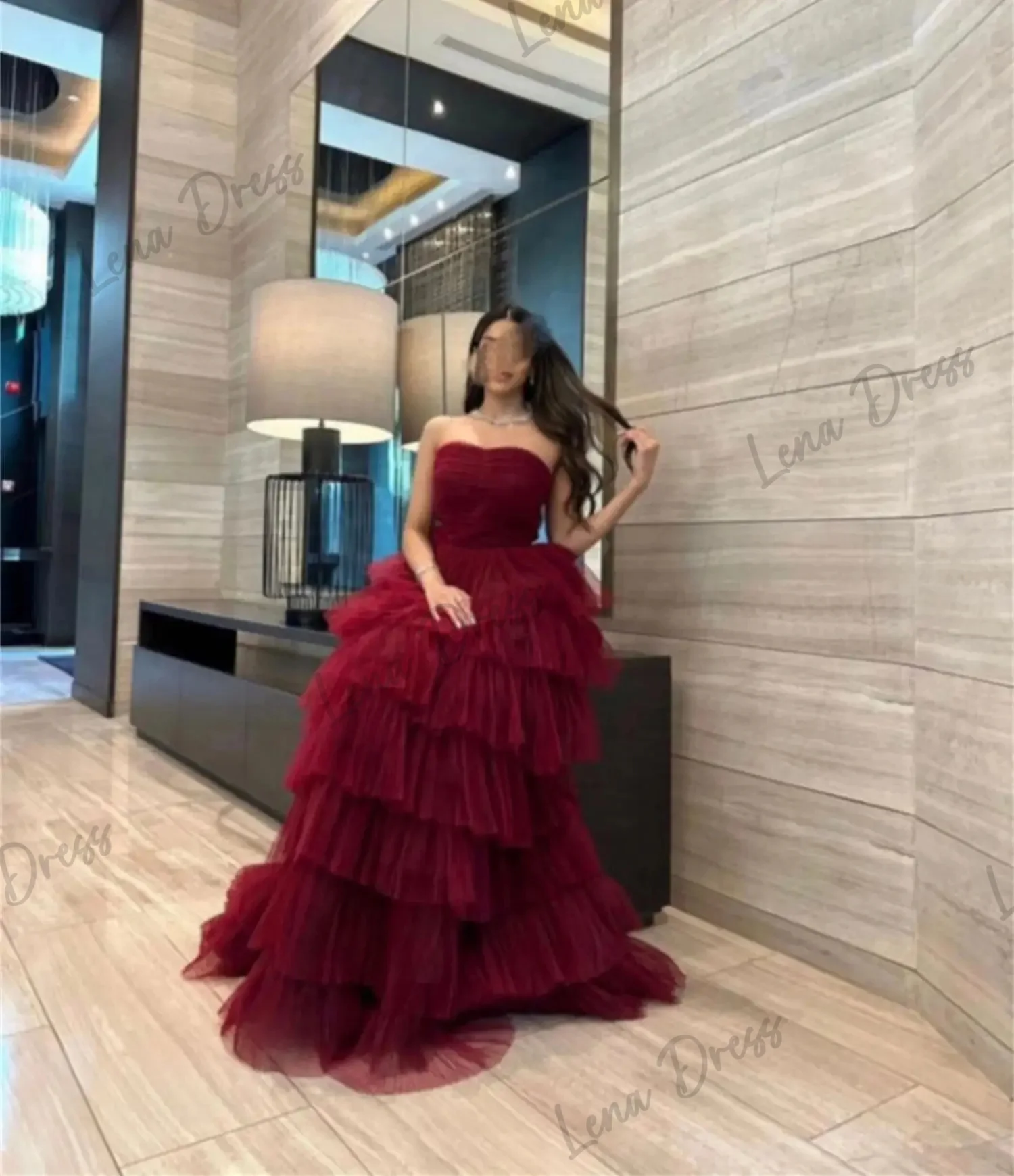 Lena-The 2024 ball evening dress is suitable for ordering mesh fabric for Eid al Fitr layered deep purple red formal birthday