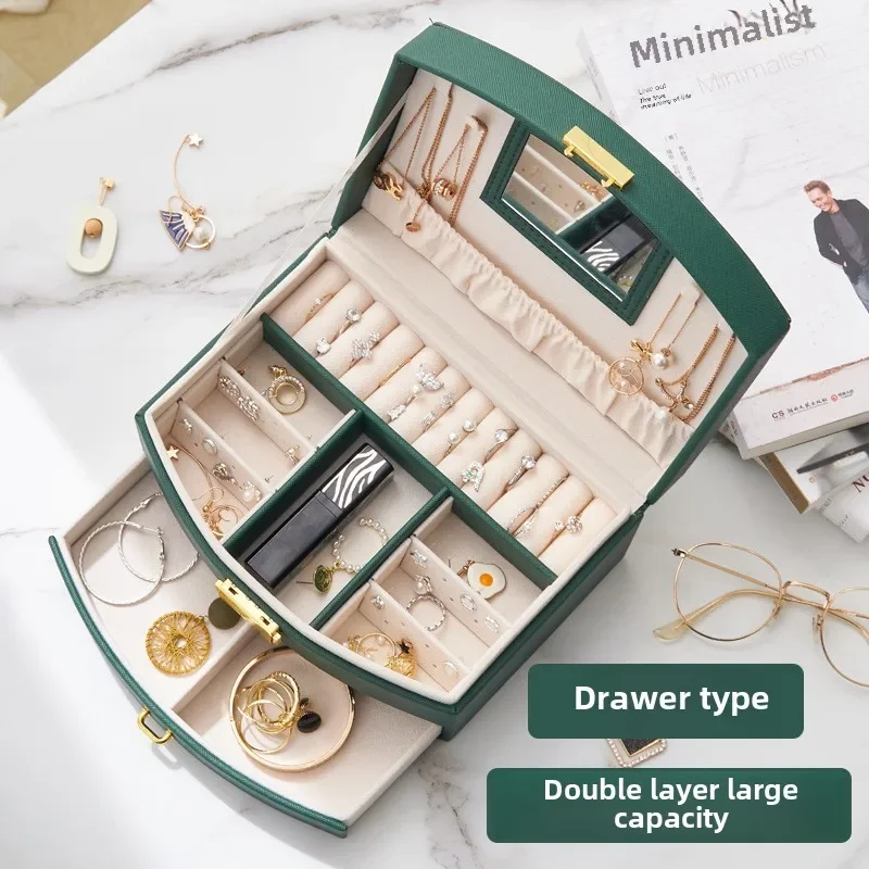 

Large-Capacity Double-Layer Jewelry Storage Box With Drawer Leather Multifunctional Korean-Style Good Quality Jewel Organizer