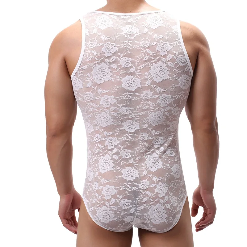 Sexy Men Lingerie Strap Style One-Piece Boxer U-Shaped Convex Pouch Design Transparent Jumpsuits Floral Lace Sexy Bodysuit