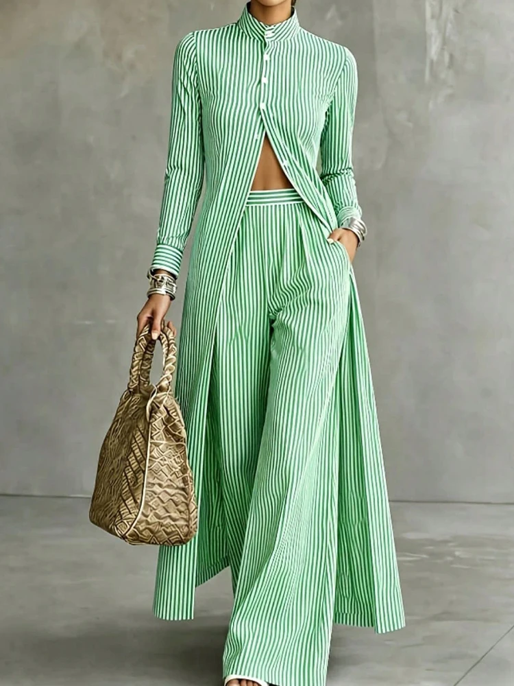 Herbst-Urlaubs-Outfit: Langärmeliges, einreihiges Maxi-Oberteil und weit geschnittene Hose, 2-teiliges Set, Damen-Freizeitkleidung mit gestreiftem Patchwork.