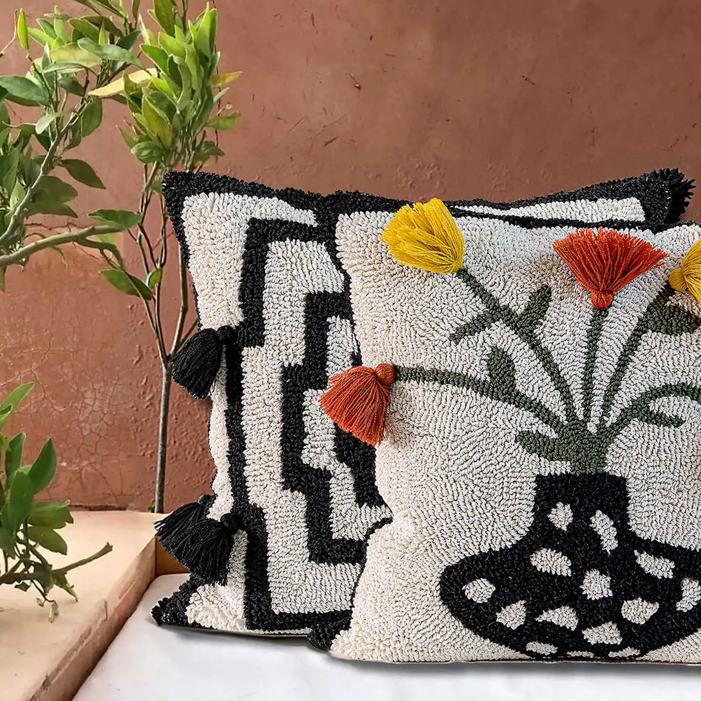 

Чехол на подушку скандинавской тафтингом, хлопок-льняной и петлевой ворс, чехол для подушки с геометрической вышивкой, диван середины века, поясничная наволочка