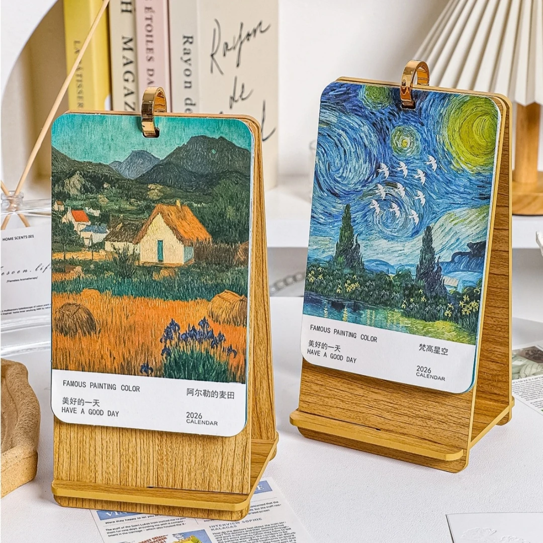 

2026 Oil Painting Desk Calendar with Wooden Stand 12 Monthly Desk Calendar Creative Home Office School Desk Ornament Gift
