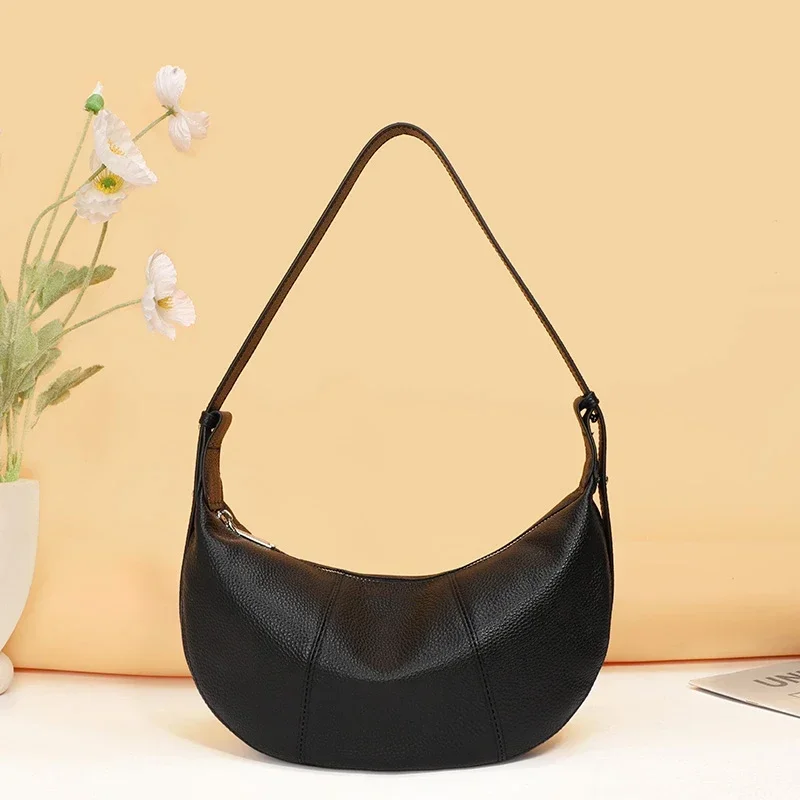 100% Echtes Leder Schultertasche für Damen Große Kapazität Halbmond-Form Designer Kuhledertasche für Pendler Shopper-Tasche – Detail 3