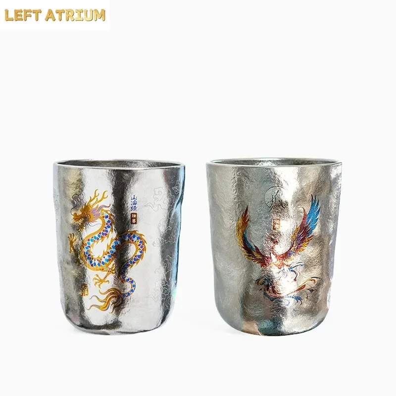 300ML 85g Pure Titanium Coffee Cup Chinese Dragon and Phoenix Pattern Titanium Water Cup Japanese Style Teacup
