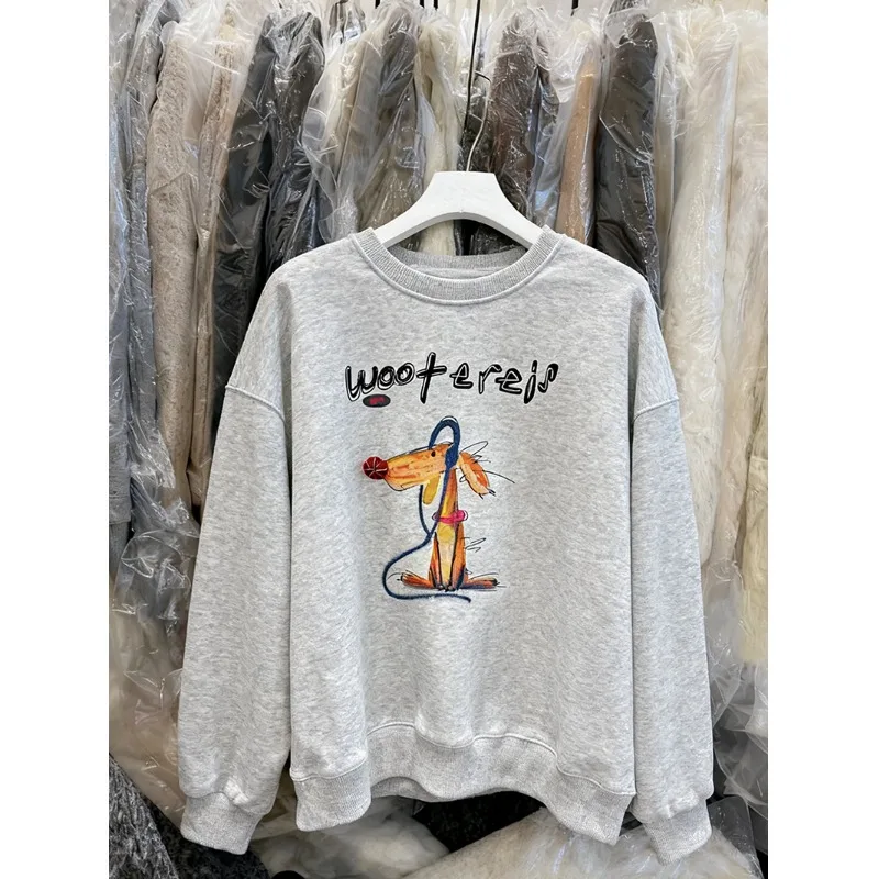 Felpa con Cappuccio Oversize con Stampa Cartoon di Cani, Casual da Donna, Anti-Invecchiamento, Nuova Versione Coreana Autunno Inverno