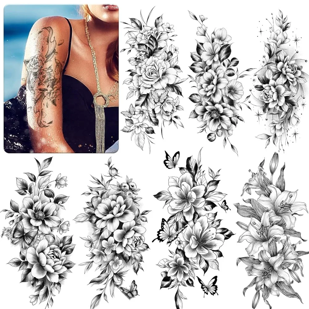 

Half arm flower fake tattoo sleeves, temporary realistic tattoo stickers for adult girls shoulders, arms, legs, backs